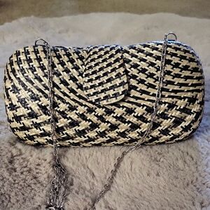 Woven Black & Natural Straw Crossbody Clutch